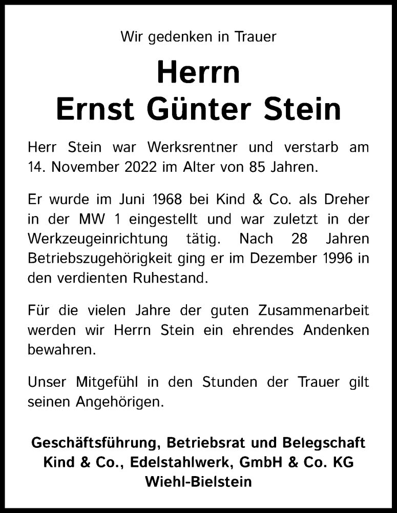  Traueranzeige für Ernst Günter Stein vom 26.11.2022 aus Kölner Stadt-Anzeiger / Kölnische Rundschau / Express