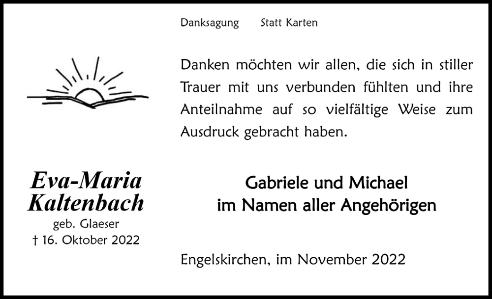  Traueranzeige für Eva-Maria Kaltenbach vom 11.11.2022 aus  Anzeigen Echo 