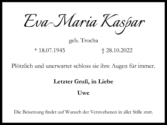 Anzeige von Eva-Maria Kaspar von Kölner Stadt-Anzeiger / Kölnische Rundschau / Express