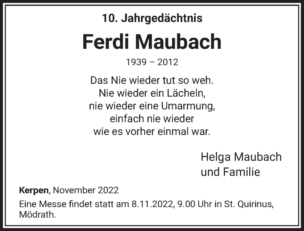  Traueranzeige für Ferdi Maubach vom 04.11.2022 aus  Werbepost 