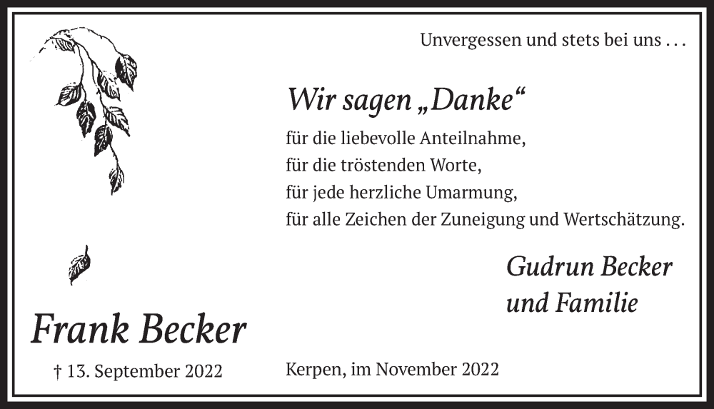  Traueranzeige für Frank Becker vom 04.11.2022 aus  Werbepost 