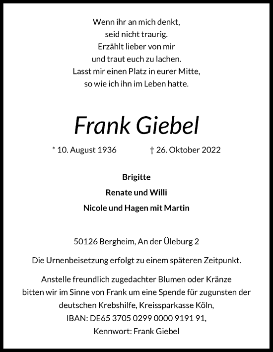 Anzeige von Frank Giebel von Kölner Stadt-Anzeiger / Kölnische Rundschau / Express