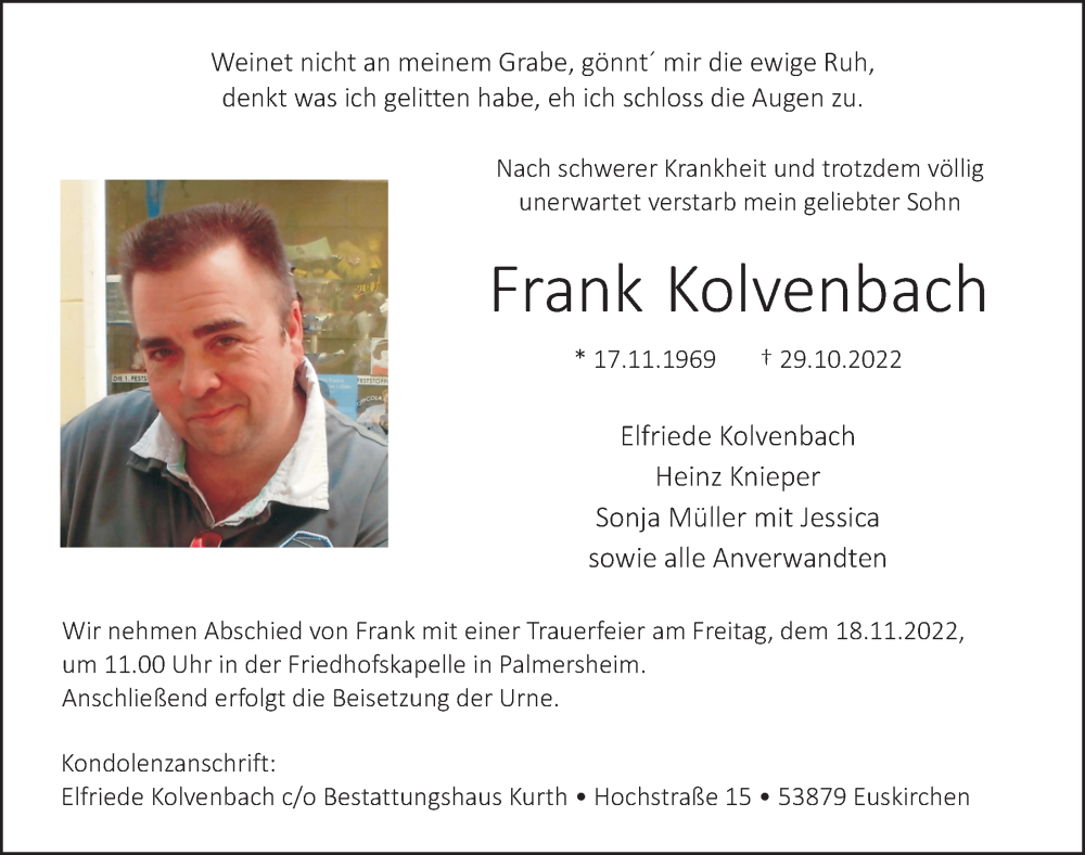  Traueranzeige für Frank Kolvenbach vom 12.11.2022 aus  Blickpunkt Euskirchen 
