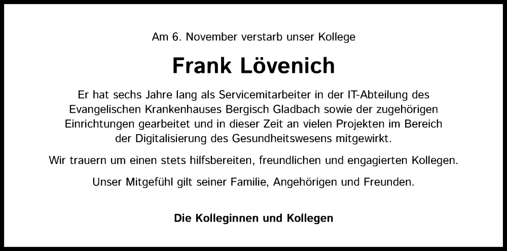  Traueranzeige für Frank Lövenich vom 19.11.2022 aus Kölner Stadt-Anzeiger / Kölnische Rundschau / Express
