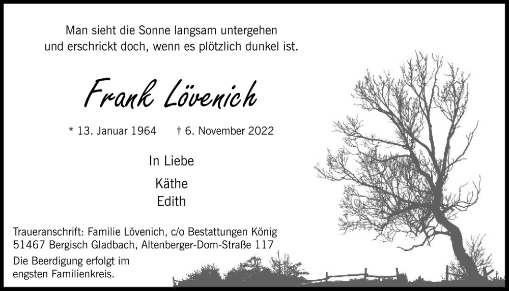  Traueranzeige für Frank Lövenich vom 25.11.2022 aus  Bergisches Handelsblatt 