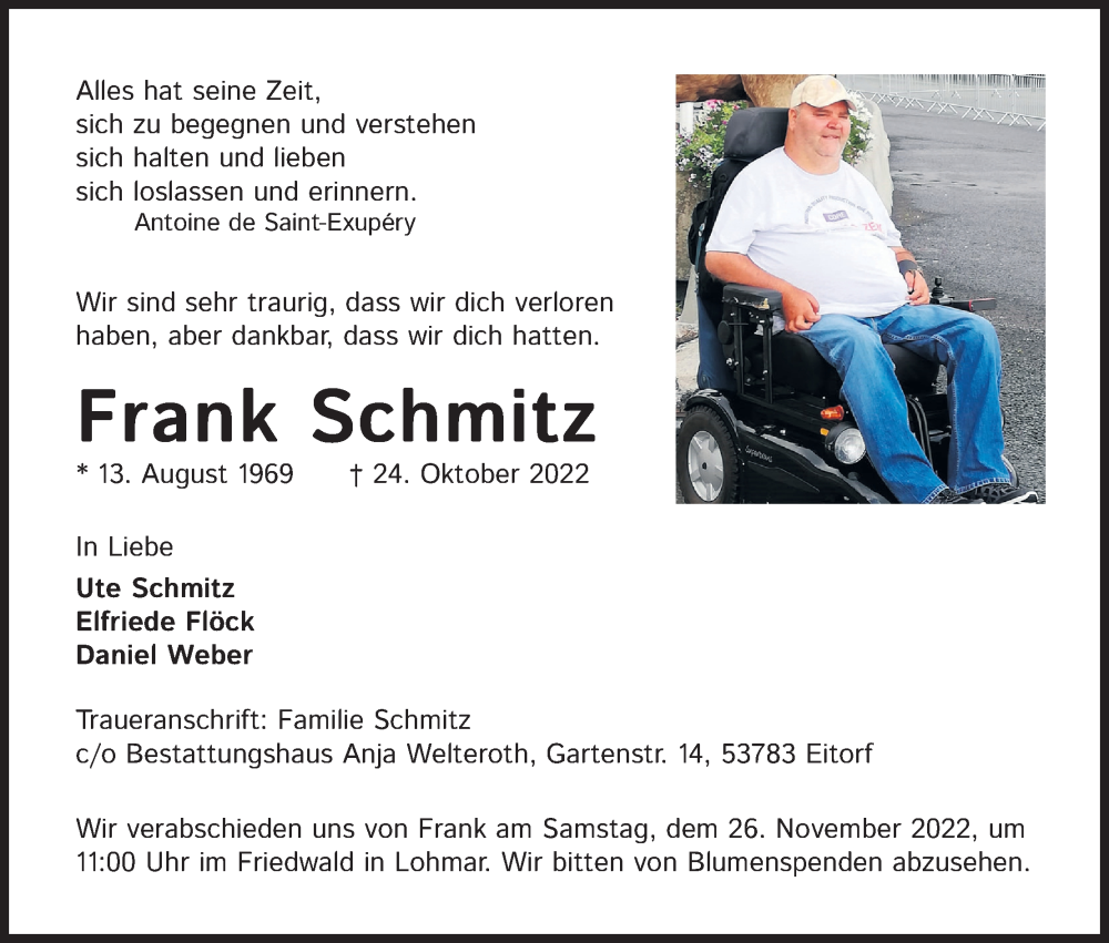  Traueranzeige für Frank Schmitz vom 05.11.2022 aus Kölner Stadt-Anzeiger / Kölnische Rundschau / Express