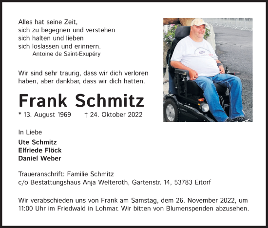 Anzeige von Frank Schmitz von Kölner Stadt-Anzeiger / Kölnische Rundschau / Express