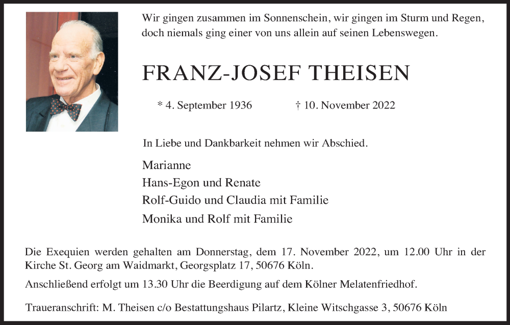  Traueranzeige für Franz-Josef Theisen vom 16.11.2022 aus Kölner Stadt-Anzeiger / Kölnische Rundschau / Express