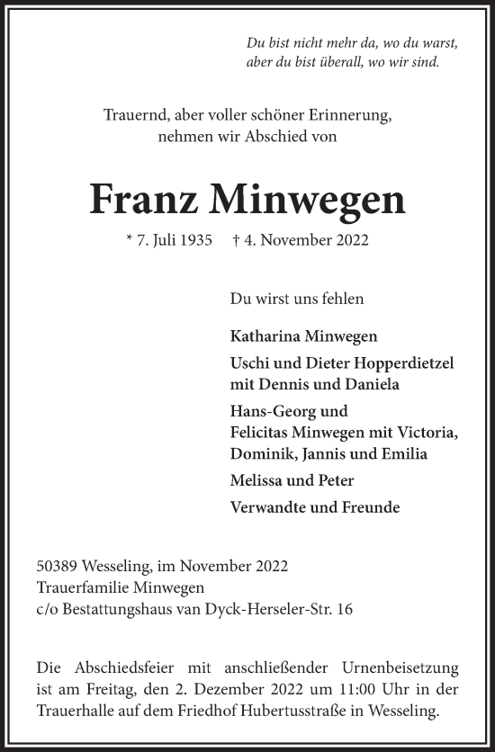 Anzeige von Franz Minwegen von  Schlossbote/Werbekurier 