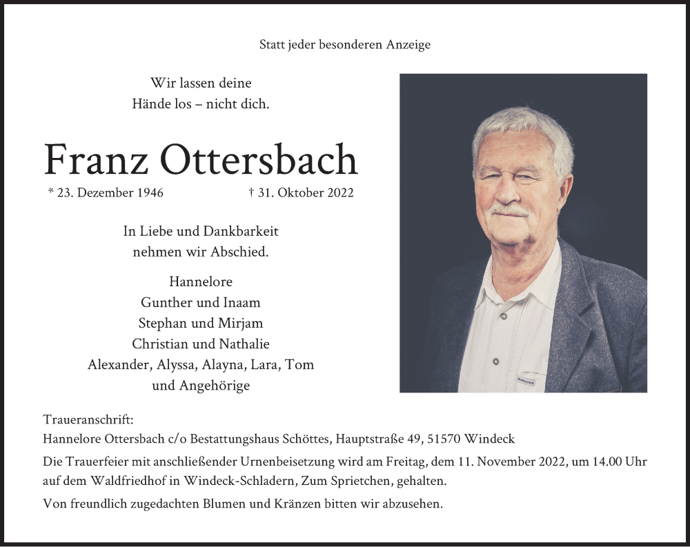  Traueranzeige für Franz Ottersbach vom 08.11.2022 aus Kölner Stadt-Anzeiger / Kölnische Rundschau / Express