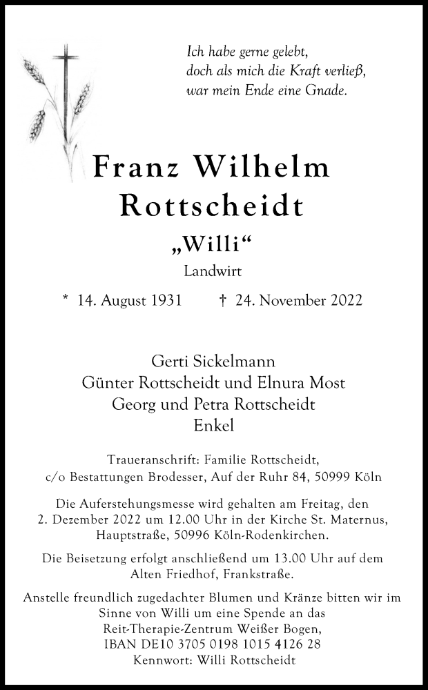  Traueranzeige für Franz Rottscheidt vom 30.11.2022 aus Kölner Stadt-Anzeiger / Kölnische Rundschau / Express