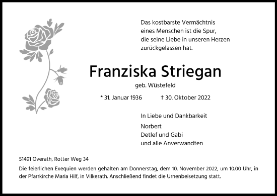 Anzeige von Franziska Striegan von Kölner Stadt-Anzeiger / Kölnische Rundschau / Express