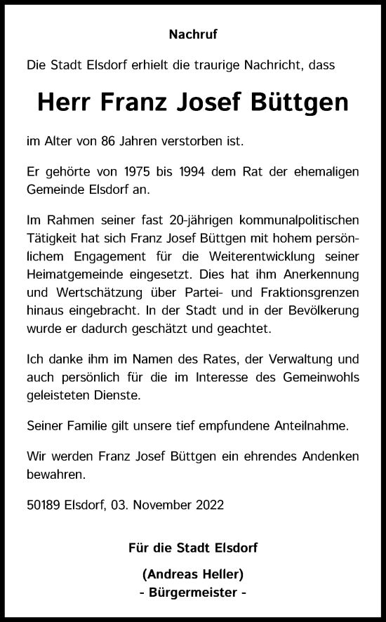 Anzeige von Franz Josef Büttgen von Kölner Stadt-Anzeiger / Kölnische Rundschau / Express