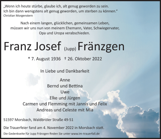Anzeige von Franz Josef Fränzgen von  Lokalanzeiger 