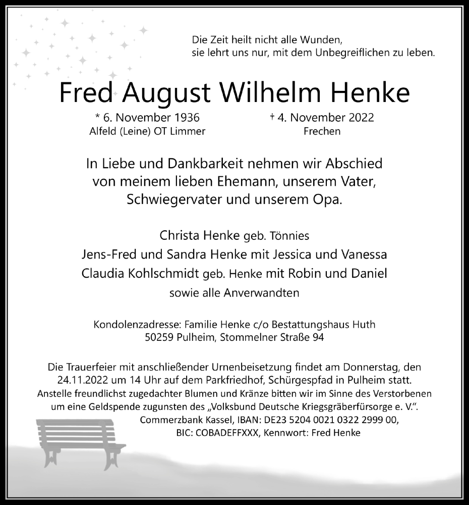  Traueranzeige für Fred August Wilhelm Henke vom 18.11.2022 aus  Wochenende 