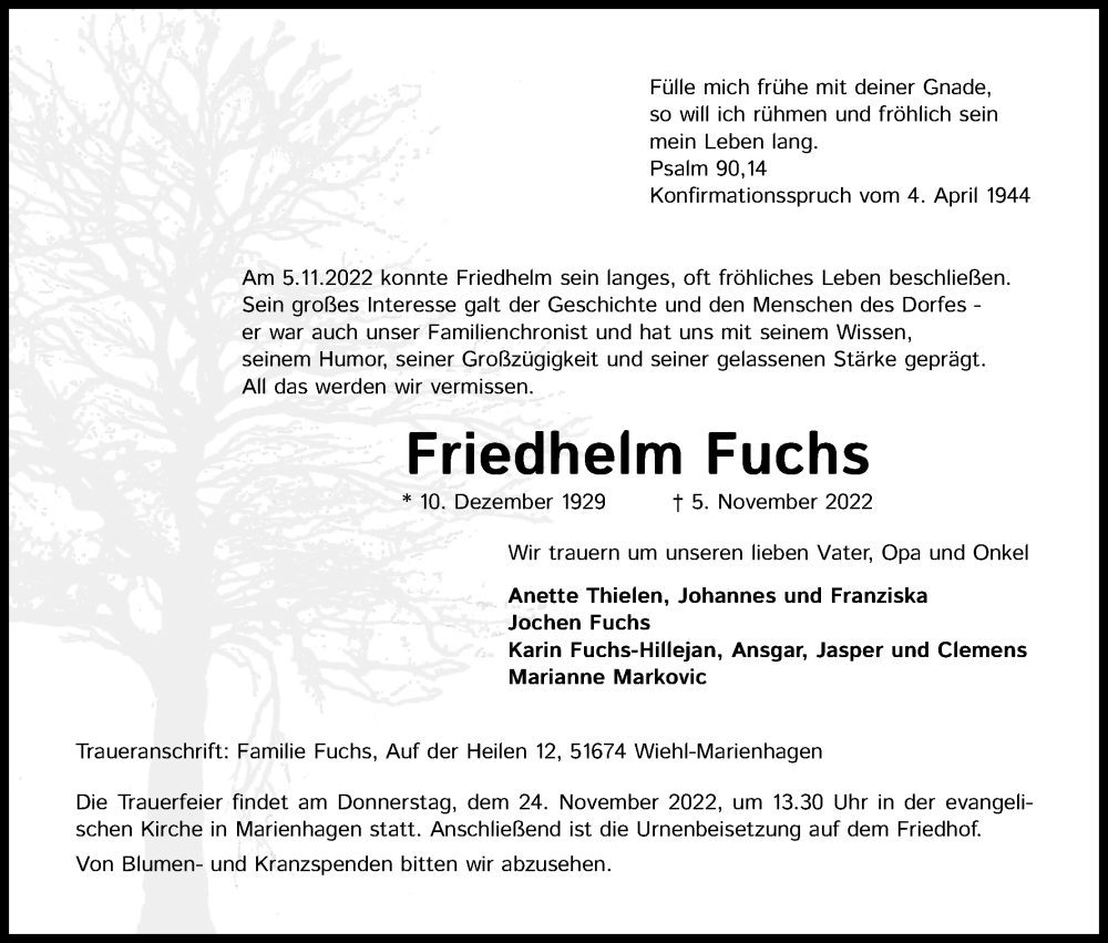  Traueranzeige für Friedhelm Fuchs vom 19.11.2022 aus Kölner Stadt-Anzeiger / Kölnische Rundschau / Express