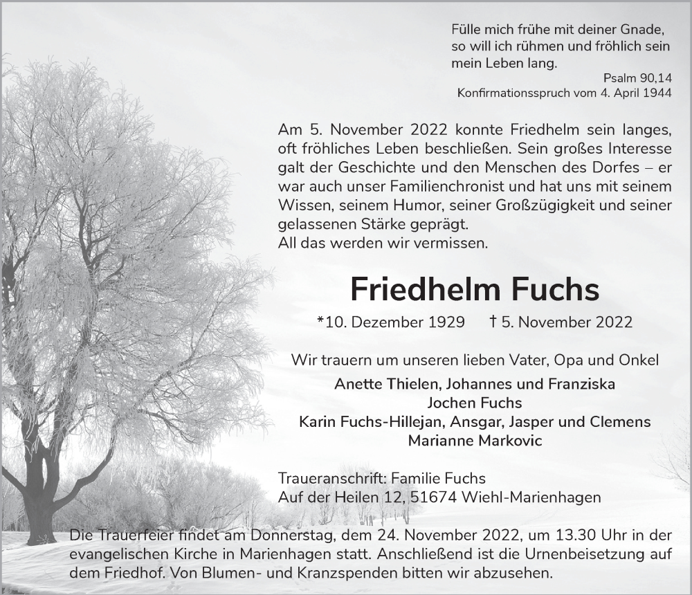  Traueranzeige für Friedhelm Fuchs vom 18.11.2022 aus  Anzeigen Echo 