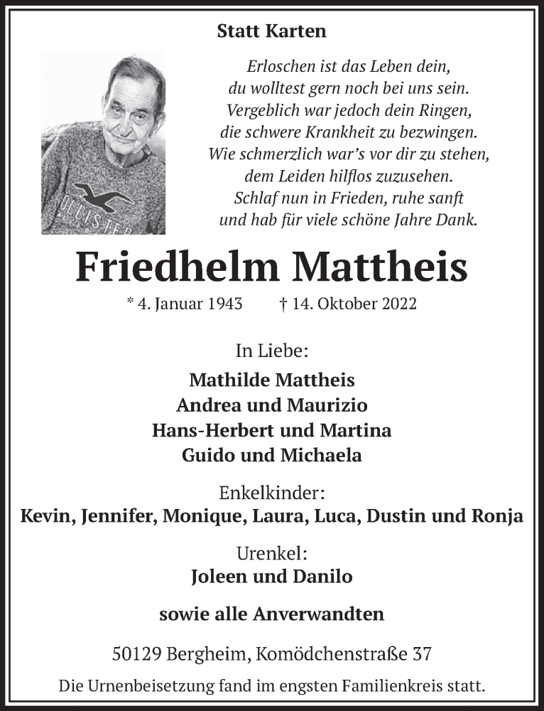  Traueranzeige für Friedhelm Mattheis vom 04.11.2022 aus  Werbepost 