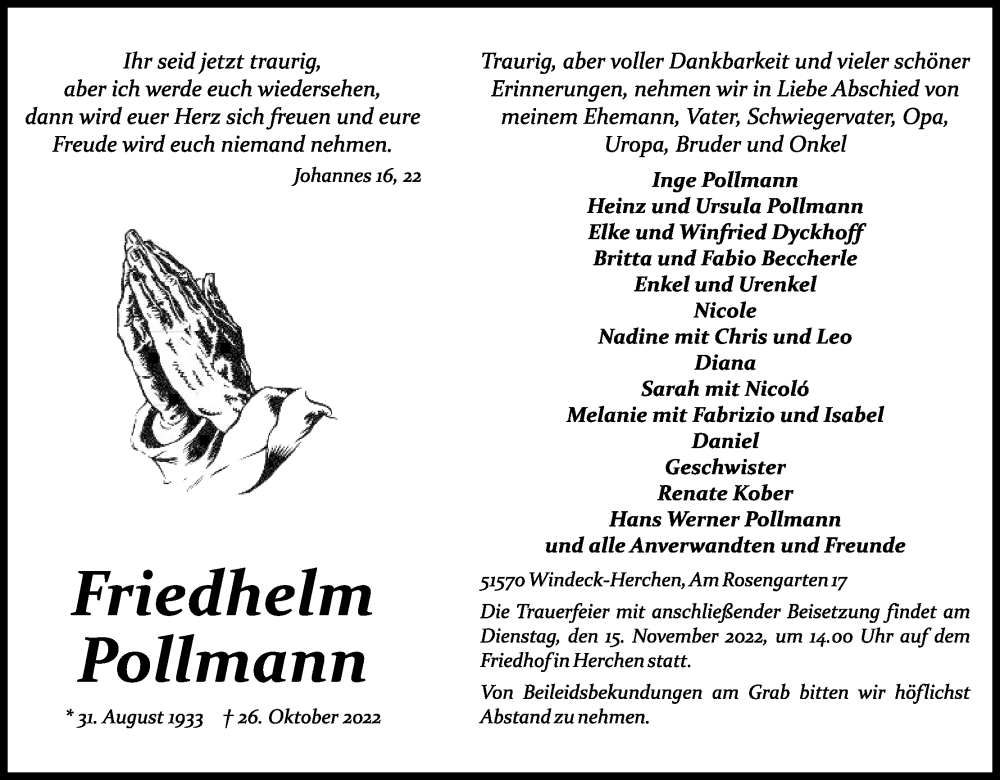  Traueranzeige für Friedhelm Pollmann vom 12.11.2022 aus Kölner Stadt-Anzeiger / Kölnische Rundschau / Express