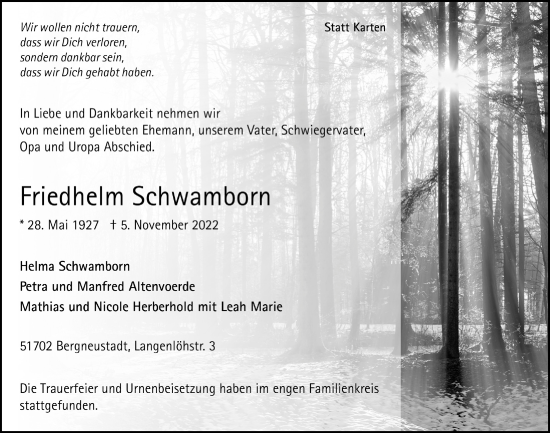 Anzeige von Friedhelm Schwamborn von  Anzeigen Echo 