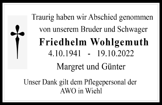 Anzeige von Friedhelm Wohlgemuth von  Anzeigen Echo  Lokalanzeiger 