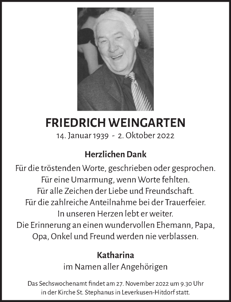  Traueranzeige für Friedrich  Weingarten vom 11.11.2022 aus  Lokale Informationen 