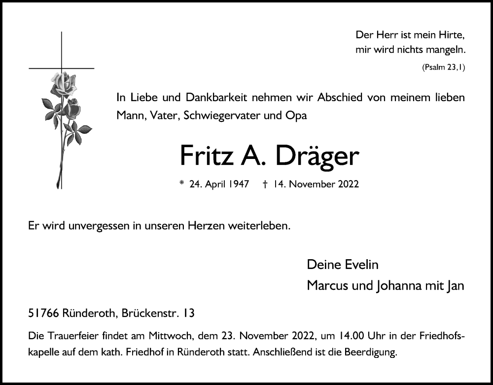  Traueranzeige für Fritz A. Dräger vom 18.11.2022 aus Kölner Stadt-Anzeiger / Kölnische Rundschau / Express