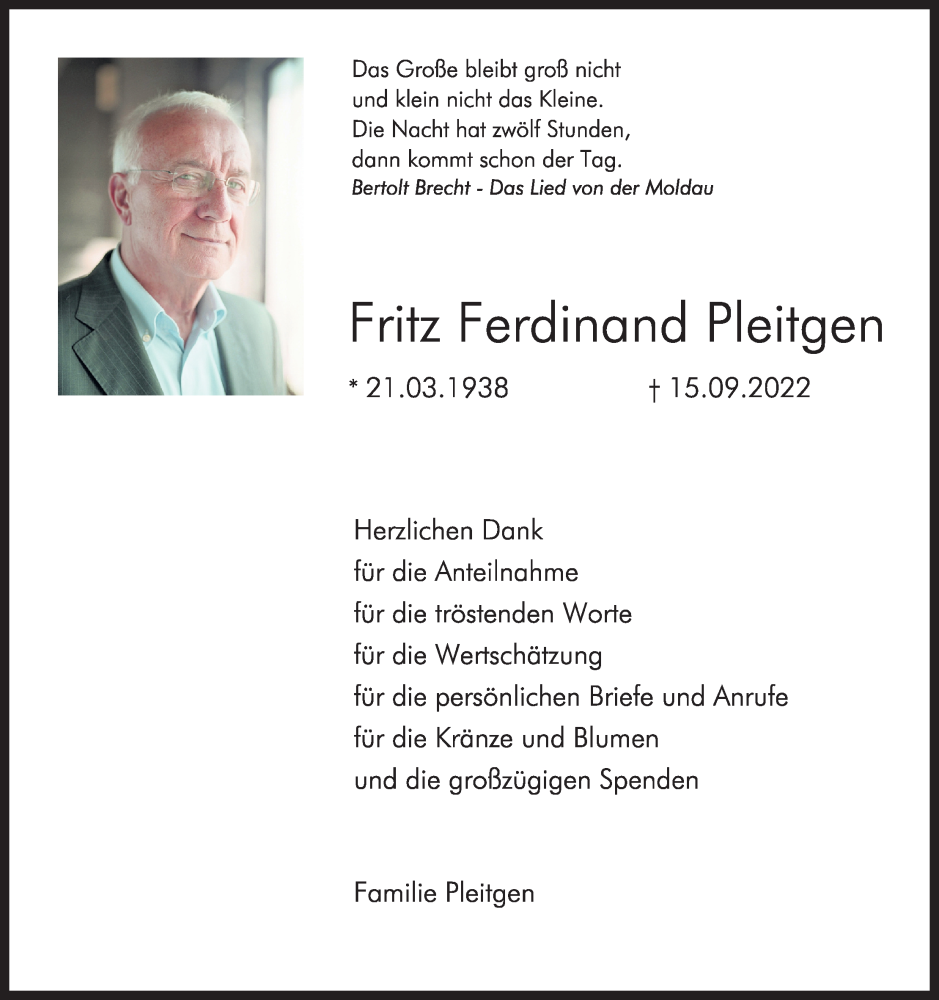  Traueranzeige für Fritz Ferdinand Pleitgen vom 12.11.2022 aus Kölner Stadt-Anzeiger / Kölnische Rundschau / Express