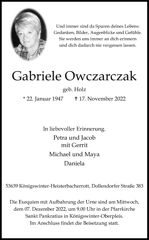  Traueranzeige für Gabriele Owczarczak vom 19.11.2022 aus Kölner Stadt-Anzeiger / Kölnische Rundschau / Express