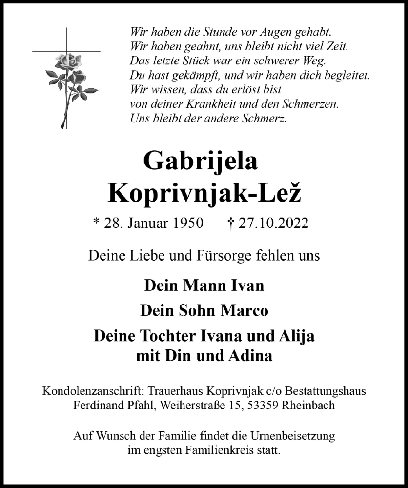  Traueranzeige für Gabrijela Koprivnjak-Lez vom 11.11.2022 aus  Schaufenster/Blickpunkt 