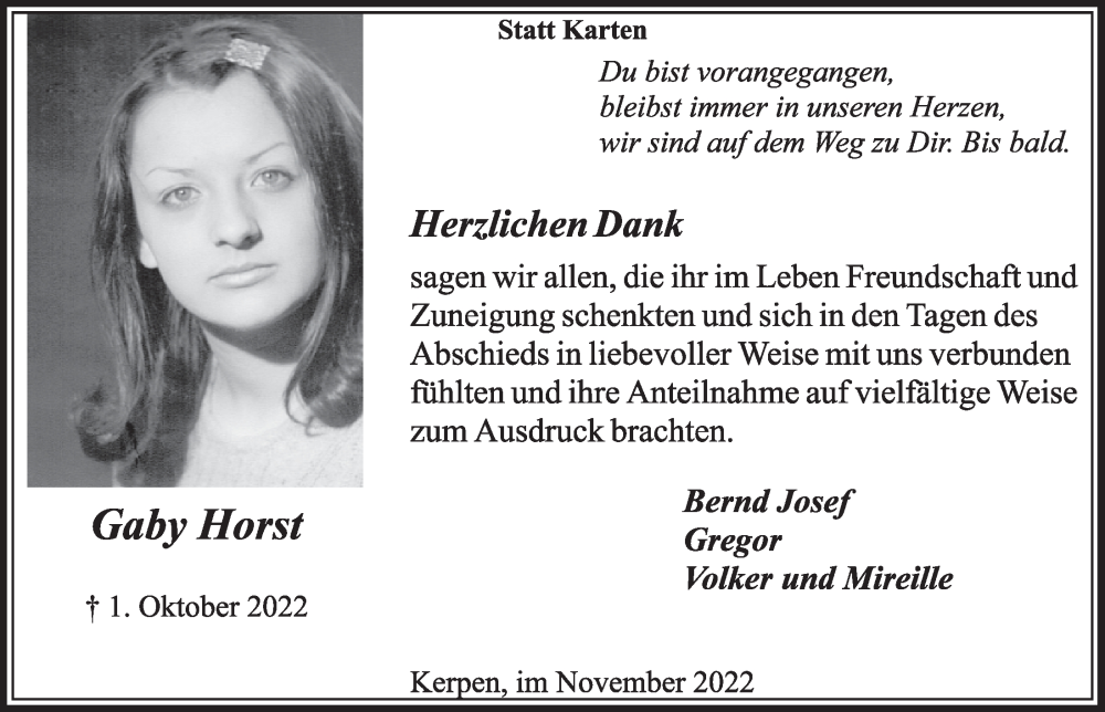  Traueranzeige für Gaby Horst vom 04.11.2022 aus  Werbepost 