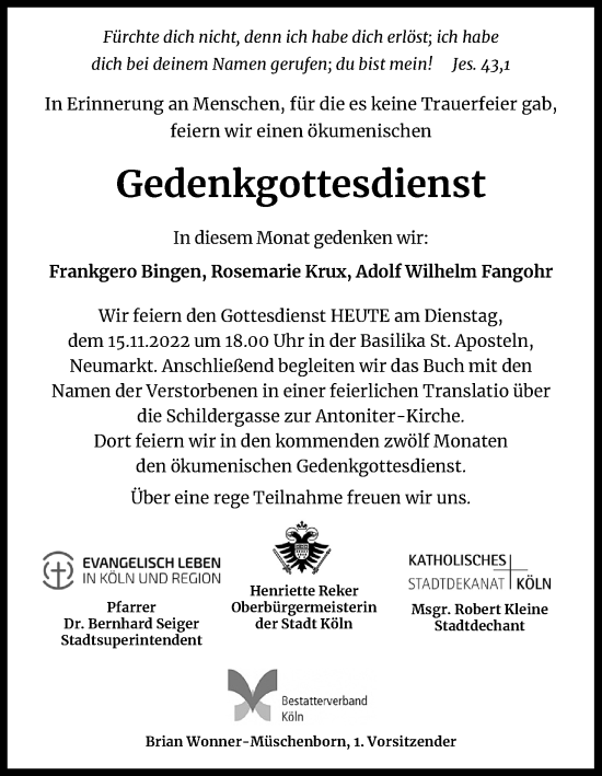 Anzeige von Gedenkgottesdienst  von Kölner Stadt-Anzeiger / Kölnische Rundschau / Express