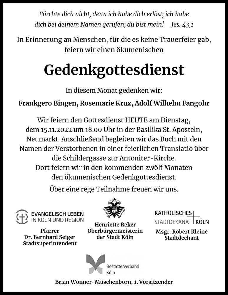  Traueranzeige für Gedenkgottesdienst  vom 15.11.2022 aus Kölner Stadt-Anzeiger / Kölnische Rundschau / Express