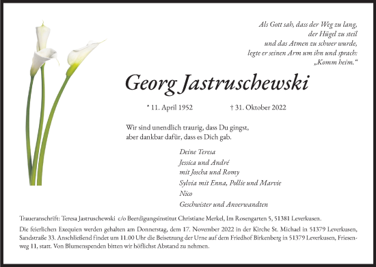 Anzeige von Georg Jastruschewski von Kölner Stadt-Anzeiger / Kölnische Rundschau / Express
