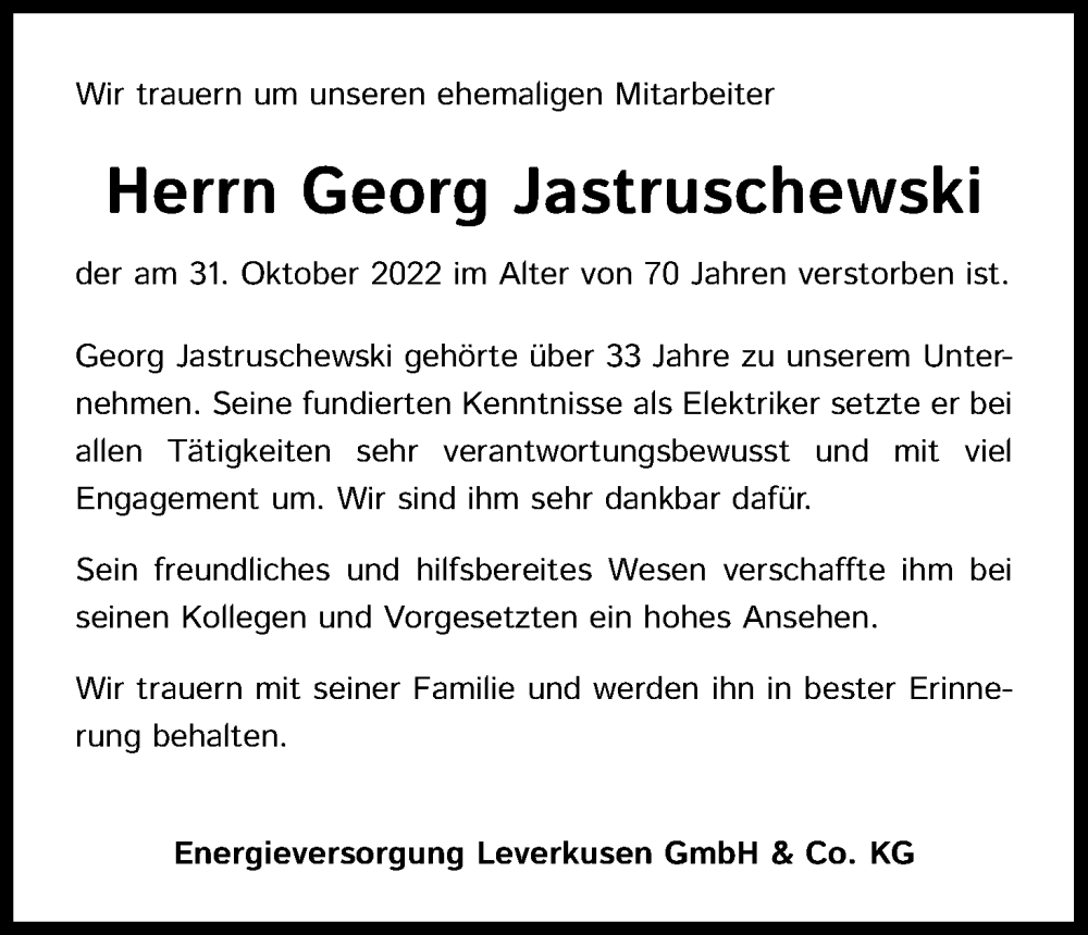  Traueranzeige für Georg Jastruschewski vom 12.11.2022 aus Kölner Stadt-Anzeiger / Kölnische Rundschau / Express
