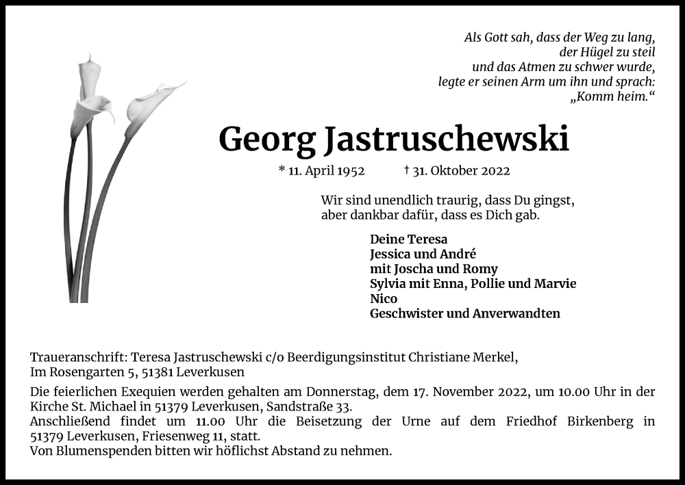  Traueranzeige für Georg Jastruschewski vom 08.11.2022 aus Kölner Stadt-Anzeiger / Kölnische Rundschau / Express