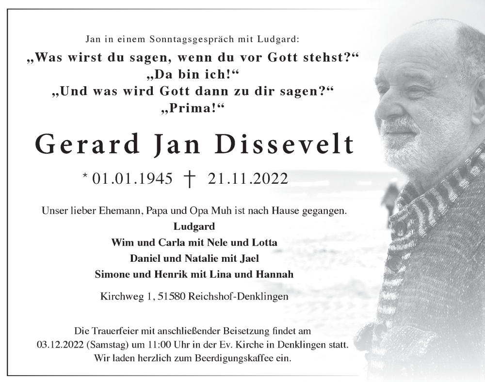  Traueranzeige für Gerard Jan Dissevelt vom 25.11.2022 aus  Lokalanzeiger 
