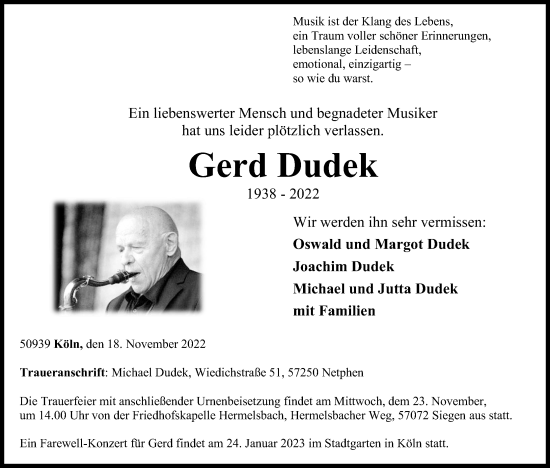Anzeige von Gerd Dudek von Kölner Stadt-Anzeiger / Kölnische Rundschau / Express