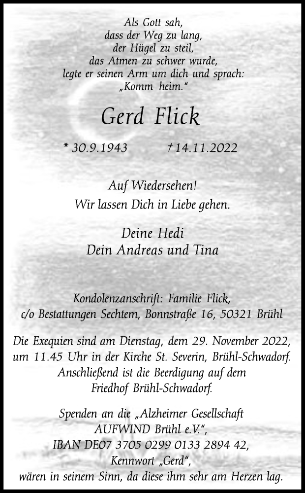  Traueranzeige für Gerd Flick vom 26.11.2022 aus Kölner Stadt-Anzeiger / Kölnische Rundschau / Express