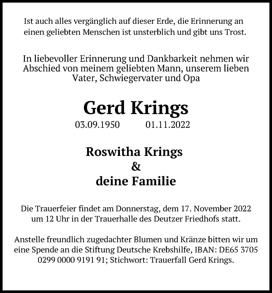  Traueranzeige für Gerd Krings vom 12.11.2022 aus Kölner Stadt-Anzeiger / Kölnische Rundschau / Express