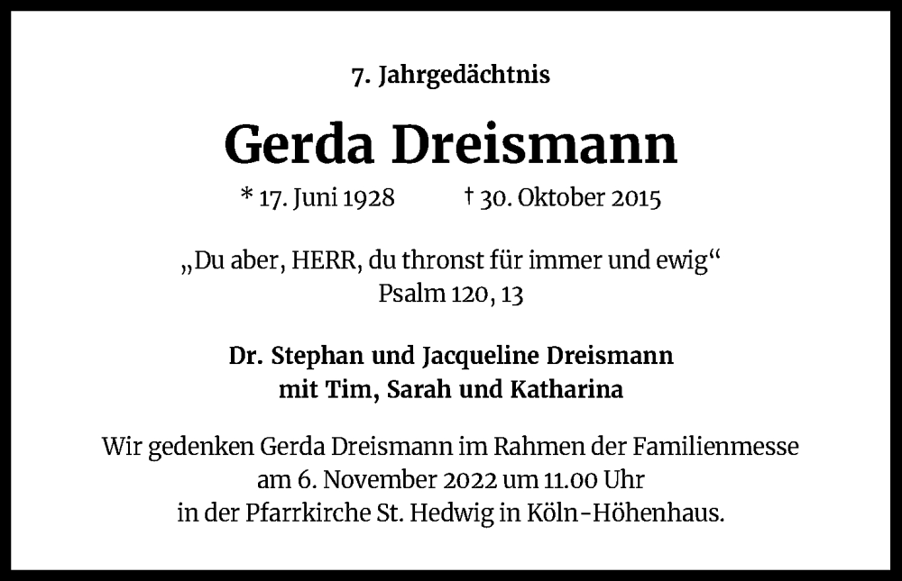  Traueranzeige für Gerda Dreismann vom 18.07.2023 aus Kölner Stadt-Anzeiger / Kölnische Rundschau / Express