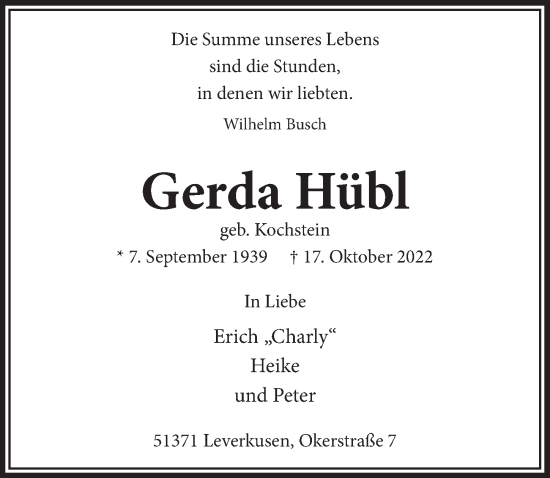 Anzeige von Gerda Hübl von  Lokale Informationen 