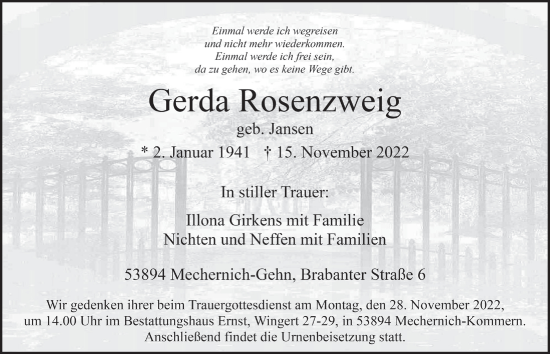 Anzeige von Gerda Rosenzweig von  Blickpunkt Euskirchen 