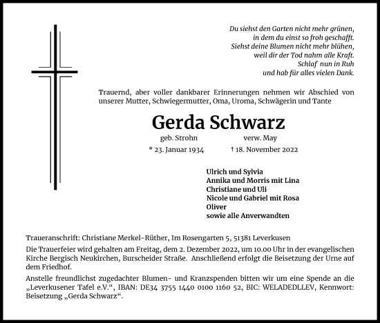Anzeige von Gerda Schwarz von Kölner Stadt-Anzeiger / Kölnische Rundschau / Express