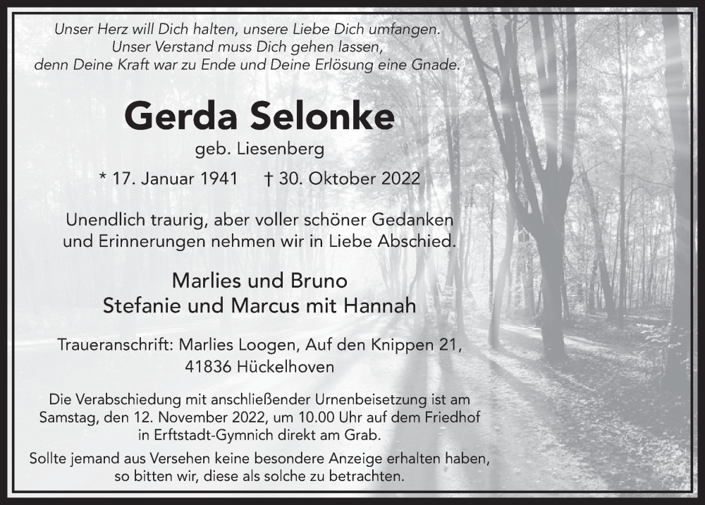  Traueranzeige für Gerda Selonke vom 04.11.2022 aus  Werbepost 