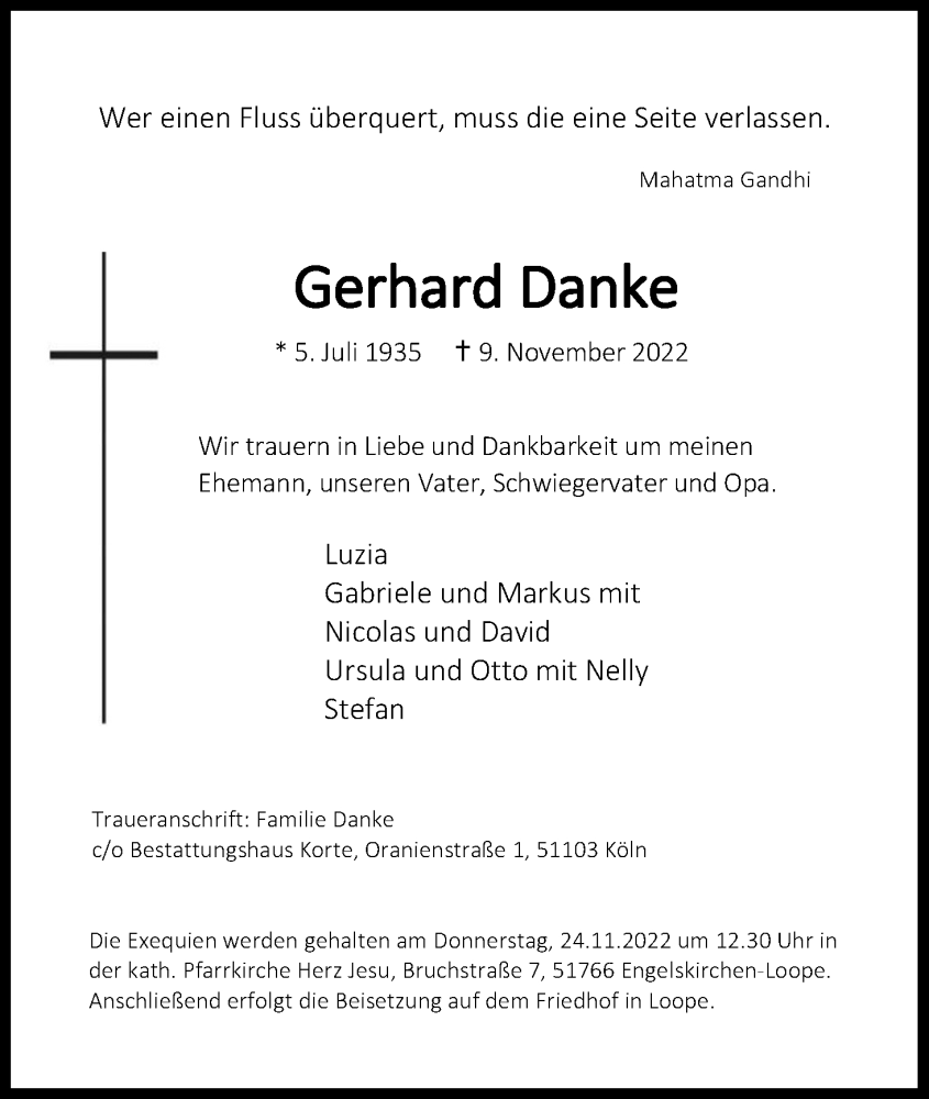  Traueranzeige für Gerhard Danke vom 19.11.2022 aus Kölner Stadt-Anzeiger / Kölnische Rundschau / Express
