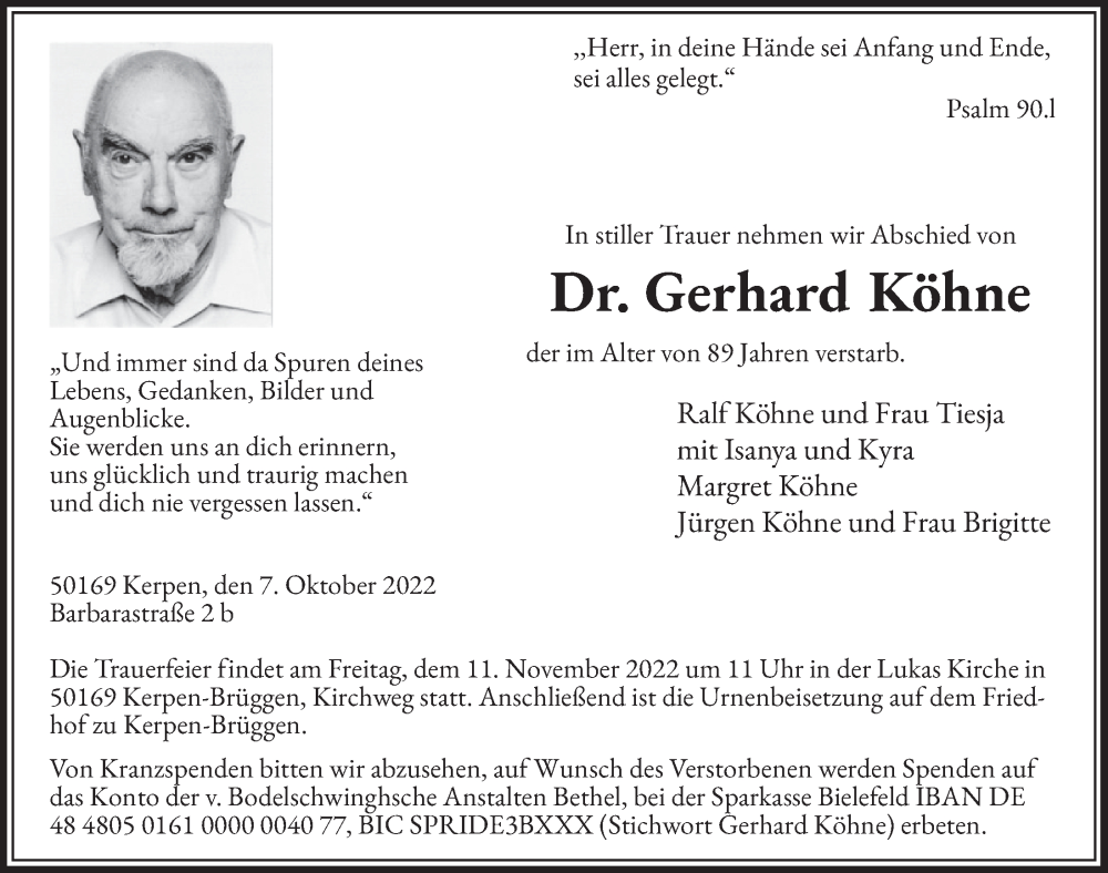  Traueranzeige für Gerhard Köhne vom 04.11.2022 aus  Werbepost 