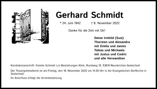 Anzeige von Gerhard Schmidt von Kölner Stadt-Anzeiger / Kölnische Rundschau / Express