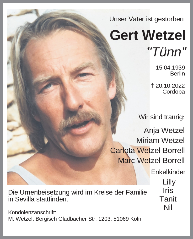  Traueranzeige für Gert Wetzel vom 12.11.2022 aus Kölner Stadt-Anzeiger / Kölnische Rundschau / Express