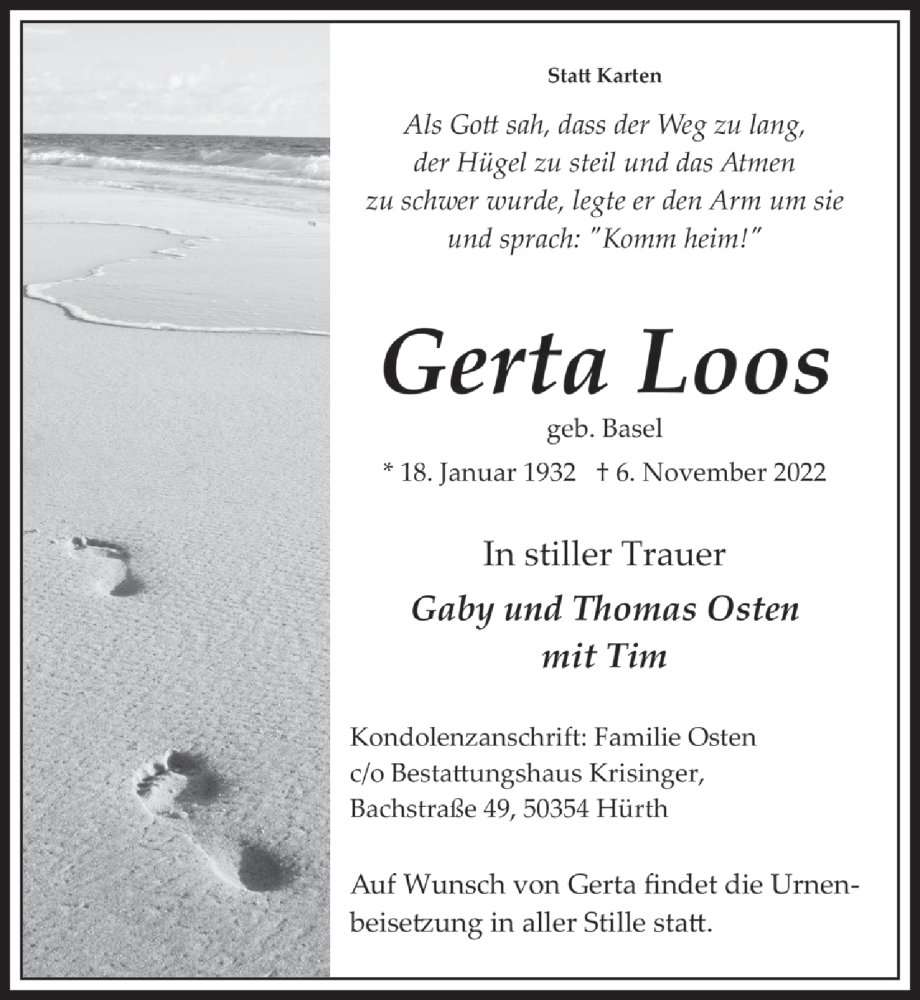  Traueranzeige für Gerta Loos vom 11.11.2022 aus  Wochenende 